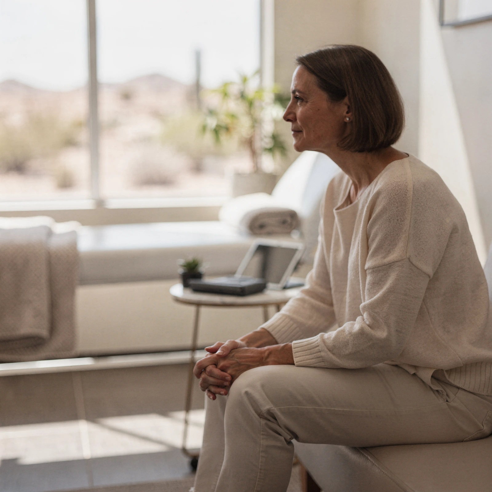 Patient sitting in a bright clinic exam room with desert views through large windows